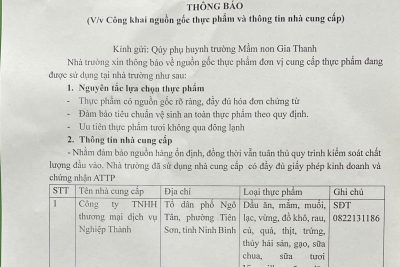 Thông báo về việc công khai nguồn gốc thực phẩm và thông tin nhà cung cấp